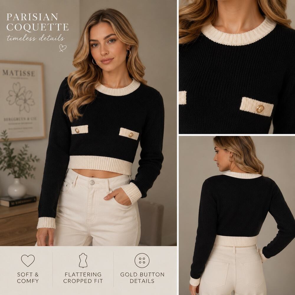MABLE Black Cream Cropped Knit Sweater Gold Buttons Coquette Parisian Preppy M